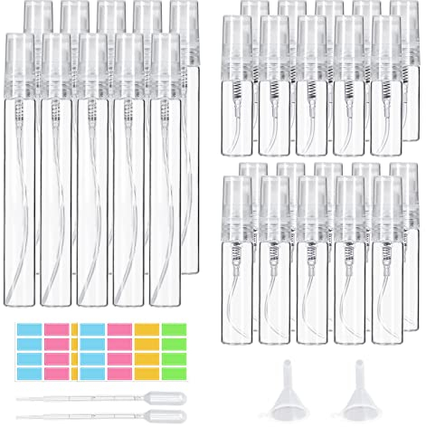 suruikei 30 Stück Parfumzerstäuber 3ml 5ml 10ml Glas, Mini Sprühflasche klein Zerstäuber Nachfüllbar mit Trichter Pipetten und Etikettenaufkleber, Parfüm Zerstäuber für Unterwegs (Transparent)