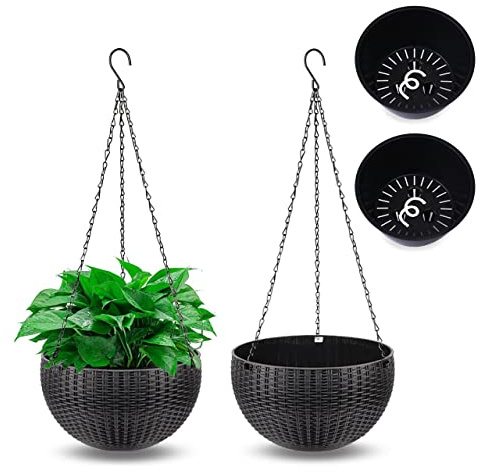Moollyfox 2 Stück Blumenampel Außen, Ø 17cm Selbstbewässerung Blumentopf Hängend, Hängeampel Outdoor Kunststoff, Hängeblumentöpfe mit Rostfrei Ketten, Hängeampeln für Draußen Innen Decken Pflanzen