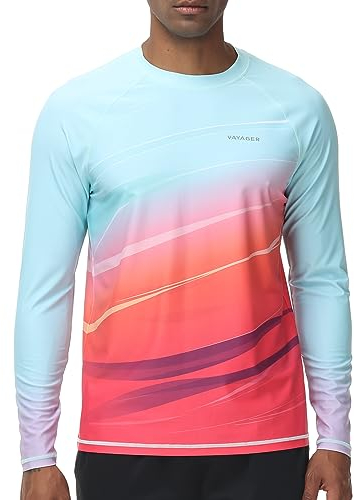 VAYAGER Herren Schwimmshirts UPF 50+ Rashguard Langarm Schnelltrocknendes T-Shirt Locker sitzendes Wasser Angeln UV-Schutzshirts(Blau Rot XL)