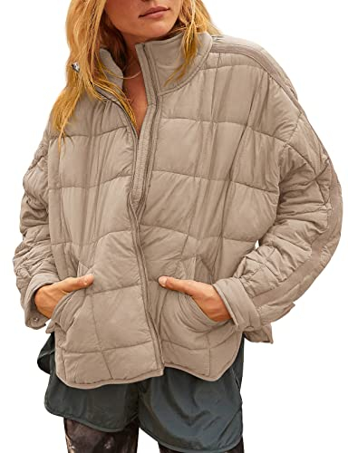 GeGekoko Damen Leichte Winterjacke Packbar Oversized Steppjacke Kurz mit Reißverschluss Wasserabweisende Kurzer Daunenmantel-Khaki