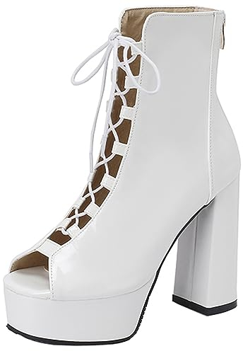 CUTEHEELS Stivali estivi da donna con lacci Peeptoe e tacco alto, bianco, 35 EU