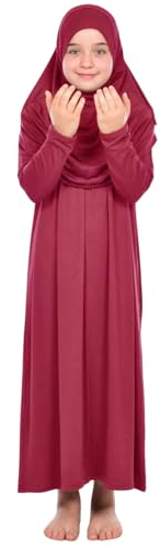 Prien Gebetskleidung Für Kinder, Mädchen Muslim Kleider, Lange Ärmel Abaya Mit Hijab, Islam Kleidung Frauen, Damen Muslimische Kleid Set, Gebetskleid Jilbab Khimar Ramadan (Rot)