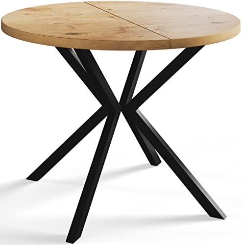 AlpiMeble Runder Esszimmertisch LOFT LITEN, ausziehbarer Tisch Durchmesser: 90 cm/170 cm, Wohnzimmertisch Farbe: Hellbraun, mit Metallbeinen in Farbe Schwarz