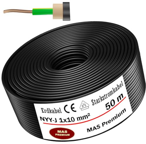 MAS-Premium Erdkabel Deutscher Marken-Elektrokabel Ring zur Verlegung im Erd- und Außenbereich Standard Starkstromkabel (NYY-J 1x10 mm², 50m)