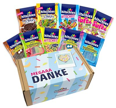 hitschies Geschenkbox Danke - Süßigkeiten Box mit 10 hitschies - Fruchtig-leckeres Naschvergnügen - Fertig verpackt - Boxmaße: 31x18x13 cm