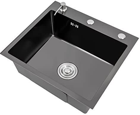 Fregadero de cocina de acero inoxidable, 50 x 45 cm, empotrable, con escurridor, color negro