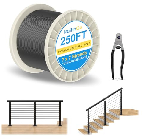 RailinGo Câble métallique noir de 70 m avec cutter, 0,3 cm, câble en acier inoxydable T316 de qualité marine pour garde-corps de terrasse, 7 x 7 brins, pour intérieur et extérieur, balustrade,