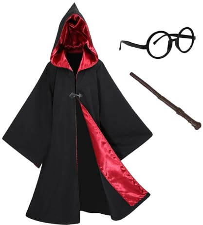 Sincere Party Kinder Black Hooded Magic Mantel,Zauberer Robe mit Stab,Brille,Abzeichen Perfekt für World Book Day