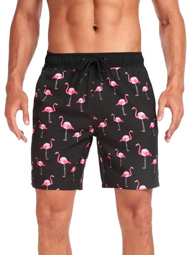 SHEKINI Short de bain pour homme à séchage rapide avec doublure de compression et poches zippées 17,8 cm, Noir + flamant rose, M