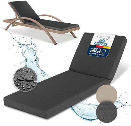 Beautissu Deckchair Auflagen für Gartenmöbel Wasserdicht Auflage Liege 190x60 cm Sonnenliege Auflage Outdoor Polster Wetterfest Schnell Trocknend Waschbar – Auflagen für Gartenliegen Anthrazit