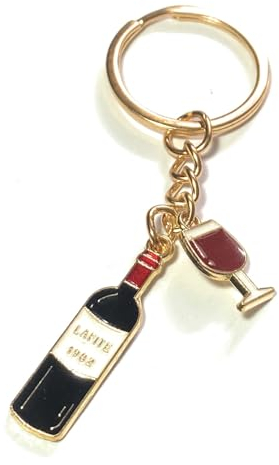 FizzyButton Gifts Wine Bottle and Wine Glass Keyring Key Ring with Enamel Charm and Gold Tone Keychain