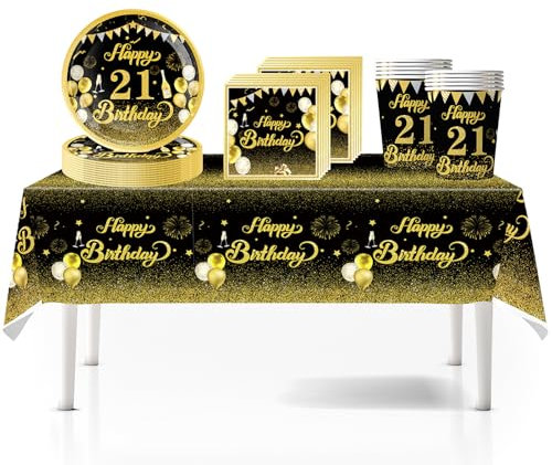 41Pcs Black Gold 21st Happy Birthday Party Tableware Decorations for Him Plastic Table Cloth,7inch Paper Plates,Napkins, Cups for Men Birthday Table Party Tableware Set for Him Adults Birthday Party