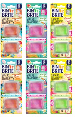 Great British Home Bin Freshener, Pack of 12 x 5g Stick On Bin Deodoriser Scents - Mediterranean Sun, Lost in Paradise, Island Fruit