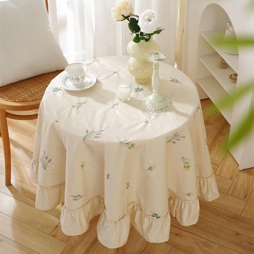 ANAZOZ Tischdecke Blumen Rund, Tischtücher Baumwolle 150cm Tischdeko Hochzeit Rustikal Zum Sticken, mit Rüschen