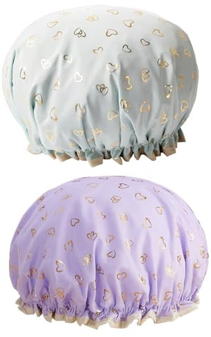 Double Layer Waterproof Shower Cap With Soft Ruffled Edge 2pcs Reusable Bath Shower Caps for Long Short Hair Elastic Band Covering Ears Shower Hat for Women Girls Ladies Adults Kids