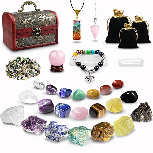 Set de 32 Piezas de Cristales y Piedras,Cristales Curativos,Piedras Preciosas de 7 Cristales,14 Piedras del Chakra y Collar para Meditación,Calendario de Adviento,Reiki y Equilibrio Energético