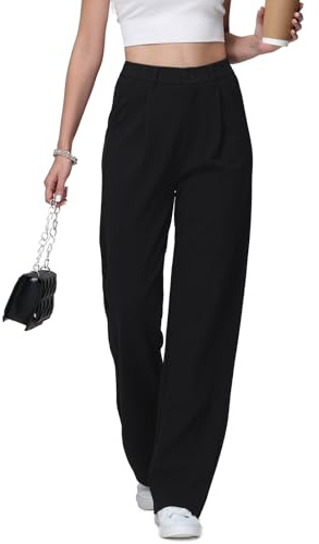 HMIYA Weite Hosen Damen Lässig Gerade Stoffhose Business Elegant Dünne Herbst Hose mit Tasche,Schwarze,M/32L