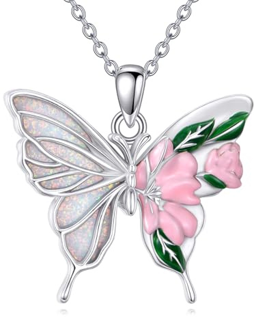 YAFEINI Schmetterling Kette für Damen 925 Sterling Silber Opal Schmetterling Anhänger Halskette Weiß Opal Schmuck Geschenk