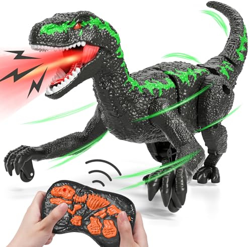 Bennol Jouets dinosaures télécommandés pour enfants de 3 à 5 à 7 ans, simulateur de démonstration à une touche - Vélociraptor jurassique pour enfants garçons avec lumière et sons - Cadeau pour garçons