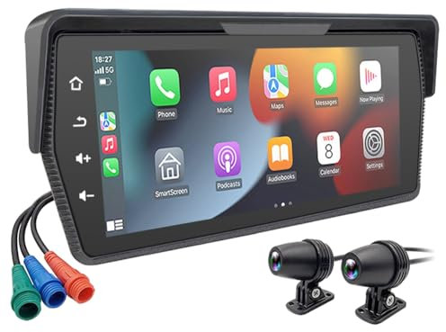 Yominerr Monitor Portatile da 6,86 Pollici per Moto DVR Wireless Carplay Android Auto con Schermo GPS e Doppia Telecamera AHD