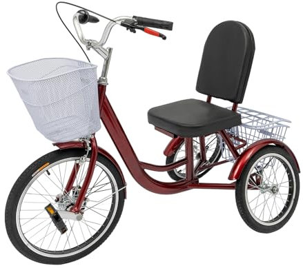 Fridgestea 20 Zoll Dreirad für Erwachsene, 3 Räder Fahrrad mit 20'' Vorderrad, 16'' Hinterrad, Seniorendreirad mit Zwei Körben, Klingel, Rückenlehne für Senioren Damen Herren (Burgunderrote)