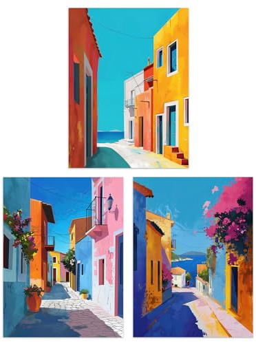 Artery8 Set of 3 Colourful Greek Coastal Street Paintings Living Room A4 Size Wall Art Prints Pack