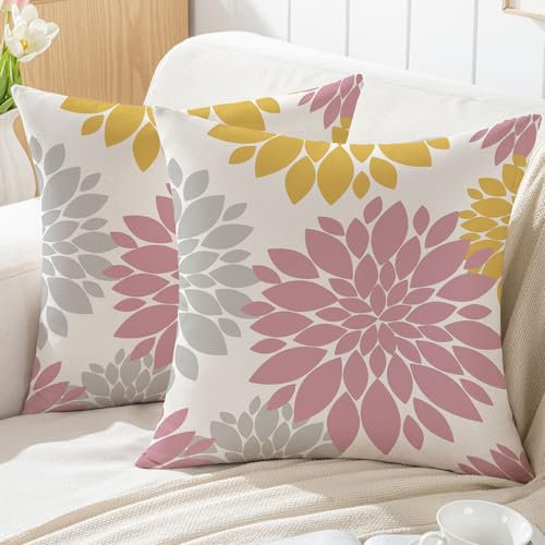 ViaElayu Housses Coussin 40x40 Extérieur Imperméable Rose Dahlia Fleur Printemps Été Moderne Decoration Boheme Taie d'oreiller Canapé pour Salon de Jardin Patio Chambre Maison Décor, Lot de 2