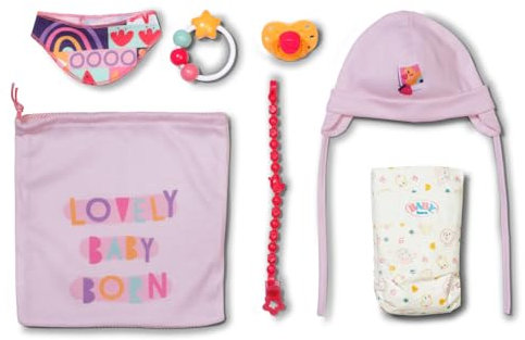 BABY born Neugeborenen-Set mit Mütze, Windel, Rassel, Halstuch, Schnuller und Schnullerkette passend zum Neugeborenen-Outfit für 43cm Puppen, 837979 Zapf Creation