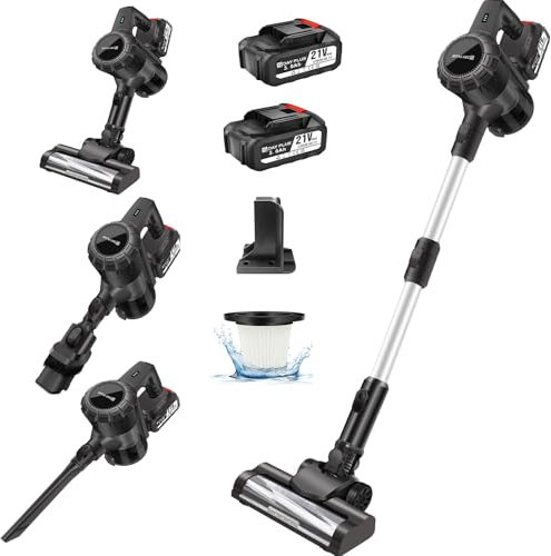 Akku Staubsauger 21V, Kabelloser Staubsauger 140W Vacuum Cleaner Handstaubsauger Akku, 2 Saugmodi, LED Bodenbürsten, Selbststehender Staubsauger mit 2x Wechselakku für Teppich, Tierhaare, Hartboden