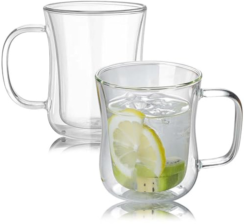 GOMETY 2er Set 400ml Doppelwandige Latte Macchiato Gläser Set,Doppelwandige Kaffeegläser mit Henkel Klare Isolierte Kaffeetassen Teegläser für Latte Cappuccino