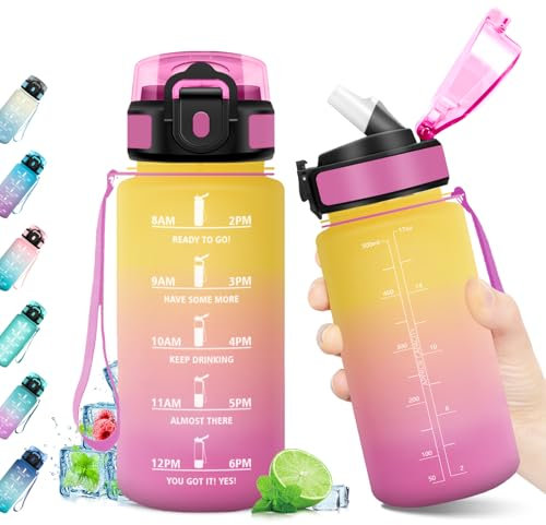 Bouteille d'eau 500ml, Gourde Enfant avec Paille, Gourde avec Marqueur de Temps, Gourde Sport Étanche, Bouteille Reutilisable, Gourde Motivation, Gourde Idéale pour Yoga, École, Bureau, Randonnée