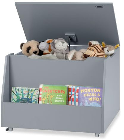 COSTWAY Wooden Toy Box, Mobile Kids Chest with Flip-top Lid and Book Storage Area, Multifunctional Children's Organizer Cabinet for Playroom Bedroom (Grey)