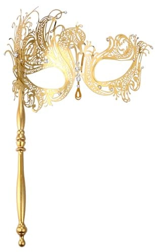 JewelryWe Venezianische Maske mit Stab für Damen, Metall Strass Maskerade Maske mit Haltestab Filigrane Augenmaske Kostüm Accessoires für Halloween Karneval Party Maskenball
