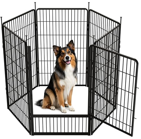 SunsGrove 6-teilig Hundelaufstall 114cm Hoch, Schwerlast Hundestall für drinnen mit 1 Türen, Anti-Rost Hundezaun, Automatische Verriegelung,Pet Playpen for Yard RV Camping, Schwarz