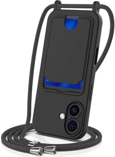 Coque pour iPhone 17 avec Cordon, Etui avec Collier - Tour de Cou Lanière en Corde - Silicone Housse avec Réglable Chaine pour iPhone 17,Bandouliere,Porte Cartes-Noir