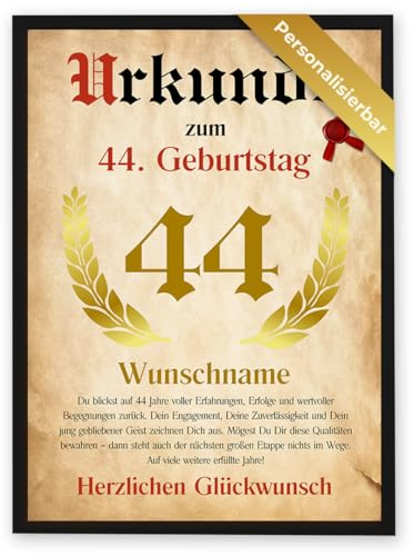 GiveSmiles Urkunde Poster Geburtstagskarte 44 Mann | Personalisierte Geschenke Männer, für alle Altersklassen – Geburtstagsgeschenk für Frauen – Deko 44 Geburtstag Mann