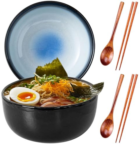 DecorDwell Lot de 2 Bols à Ramen en Céramique de 1200ml avec Baguettes et Cuillères, Bol Japonais vintage, 20 x 20 x 8.5cm Bol en Céramique pour Ramen, Salade, Céréales, Pâtes (Chat)