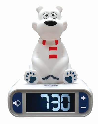 Lexibook, Eisbär, Nachtlicht-Wecker, RL800PBLXB | Klänge und Melodien, LCD-Display mit Hintergrundbeleuchtung, Leuchtend, Schlummerfunktion, Weiß