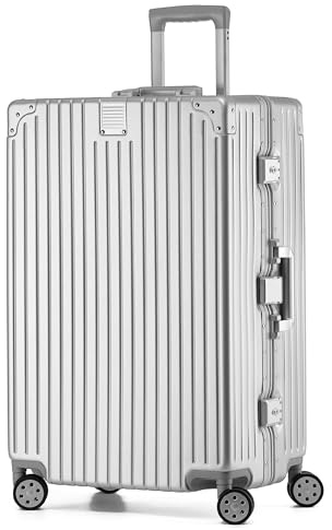 Zurich Koffer, XL-75cm Aluminium Rahmen Hartschalen Trolley, Cabin Reisekoffer, Rollkoffer Spinner Check-in mit 4 Rollen und doppelte TSA Schloss 94L (Silber)