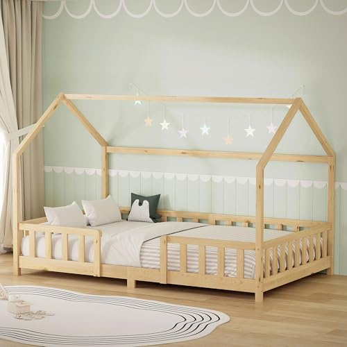 ML-Design Kinderbett Hausbett 120x200 cm mit Rausfallschutz, Dach & Lattenrost, Natur, Bettgestell aus massivem Kiefernholz, Montessori Bodenbett, Holzbett für Mädchen & Jungen, Jugendbett Doppelbett