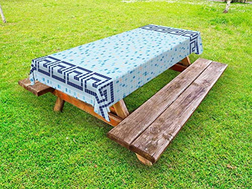 ABAKUHAUS Wasser Outdoor-Tischdecke, Antike griechische Border Tile, dekorative waschbare Picknick-Tischdecke, 145 x 305 cm, Blassblau Marineblau