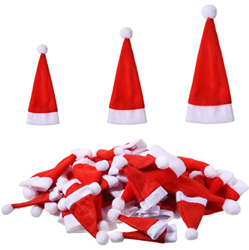 SATINIOR 48 Stück 17 cm 12 cm 7 cm Mini Santa Hüte Mini Weihnachtsmützen Weinflaschen Mütze Deko Weihnachten Lutscher Hüte zum Basteln (Rot)