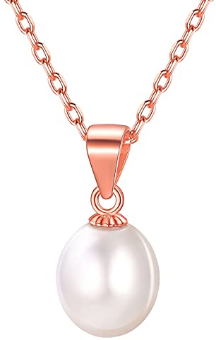 FOCALOOK Collana perla donna ciondolo perla d'acqua dolce 9 mm con catena argento 925 catena oro rosa, collana donna con perla regalo per donna compleanno, festa della mamma