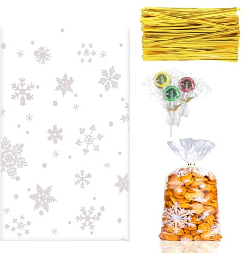 100 Weihnachten Schneeflocken Cellophantüten 10x15cm,Geschenktüten Kekstüten Plätzchentüten Klarsichttüten Klein Zellophan Weihnachtsbeutel Zum Befüllen SüßIgkeiten Bonbon Pralinen+100 Twist Krawatten