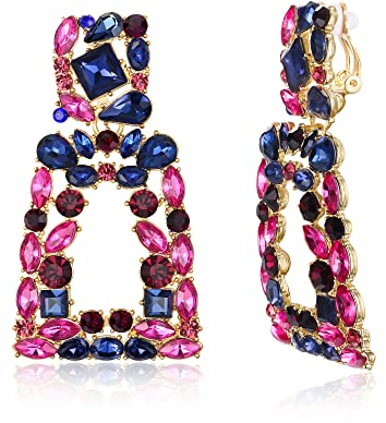 EVER FAITH Orecchini pendenti a clip rettangolari per Donne, orecchini non con cristalli di strass Brillante, dichiarazione geometrica Blu con Fucsia