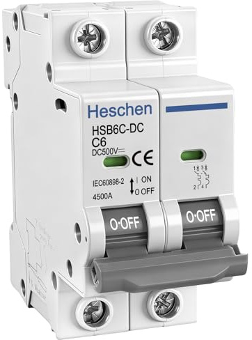 Heschen DC Miniature Circuit Breaker, HSB6C-DC, 2 Poles, DC500V Type C 6A | Photovoltaic Circuit Breaker, for Solar PV System Solar Panels Grid System, 35mm DIN Rail Mounting