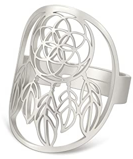 TEAMER Größenverstellbare Blume des Lebens Ringe Edelstahl Om Symbol Heilige Geometrie Magisches Hexagramm Talisman Amulett Schmuck für Frauen Mädchen (Blume des Lebens & Traumfänger -silber)