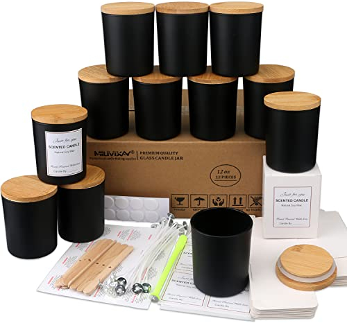MILIVIXAY Paquete de 12 tarros de cristal negro mate de 12 onzas con tapas y kits de fabricación de velas, tarros vacíos a granel para hacer velas, recipientes de especias y polvo.