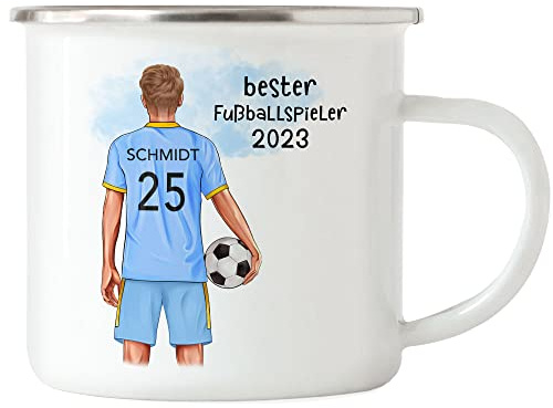 Kiddle-Design Fussball Emaille Tasse Personalisiert mit Namen Fußball Becher Personalisiert Fanartikel Männer Jungs Jungen Mann Fussballtasse Fußballfan