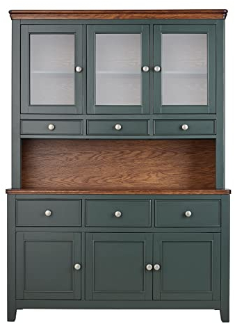 Statement Furniture Queensbury Display Cabinet. Wooden Bottle Green Dresser with Oak Tops. Ready Assembled Glass Door Sideboard and Hutch.